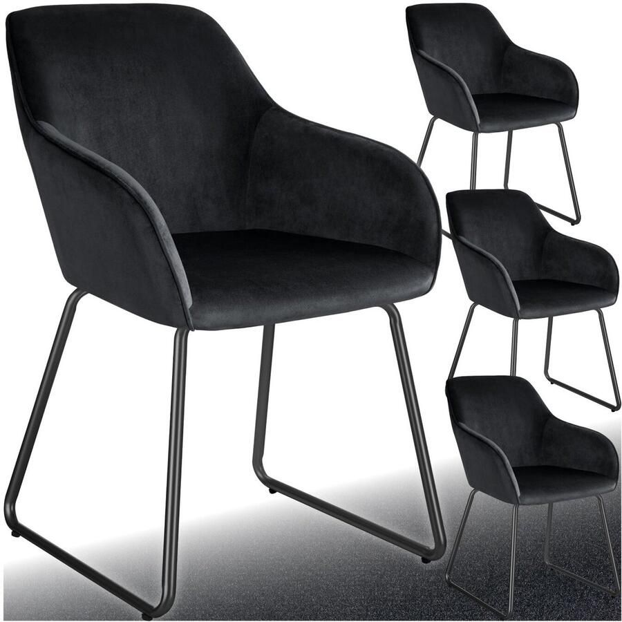 Tectake Eetkamerstoel Jeane Set van 4 Eetkamerstoelen Met doorlopende rugleuning en armleuning Kuipstoelen met fluwelen bekleding Stijlvolle keukenstoelen voor eetkamer of woonkamer Slipvrije en vloerbeschermende voetjes Zwart zwart