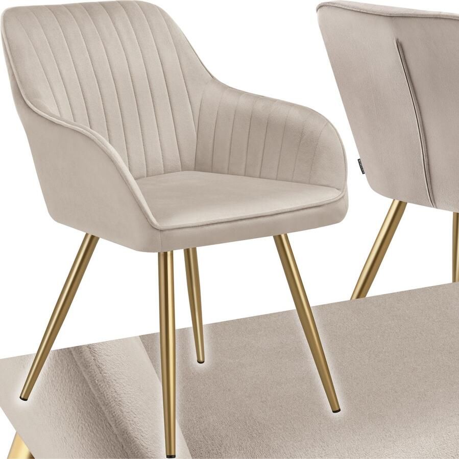 Tectake Eetkamerstoel Marilyn Gestoffeerde Stoel in Fluweellook Gecaptioneerd Zwarte Stoelpoten Ergonomische Keukenstoel Met Doorlopende Rugleuning en Armleuningen Stoel voor Woonkamer Eetkamer Slaapkamer Taupe