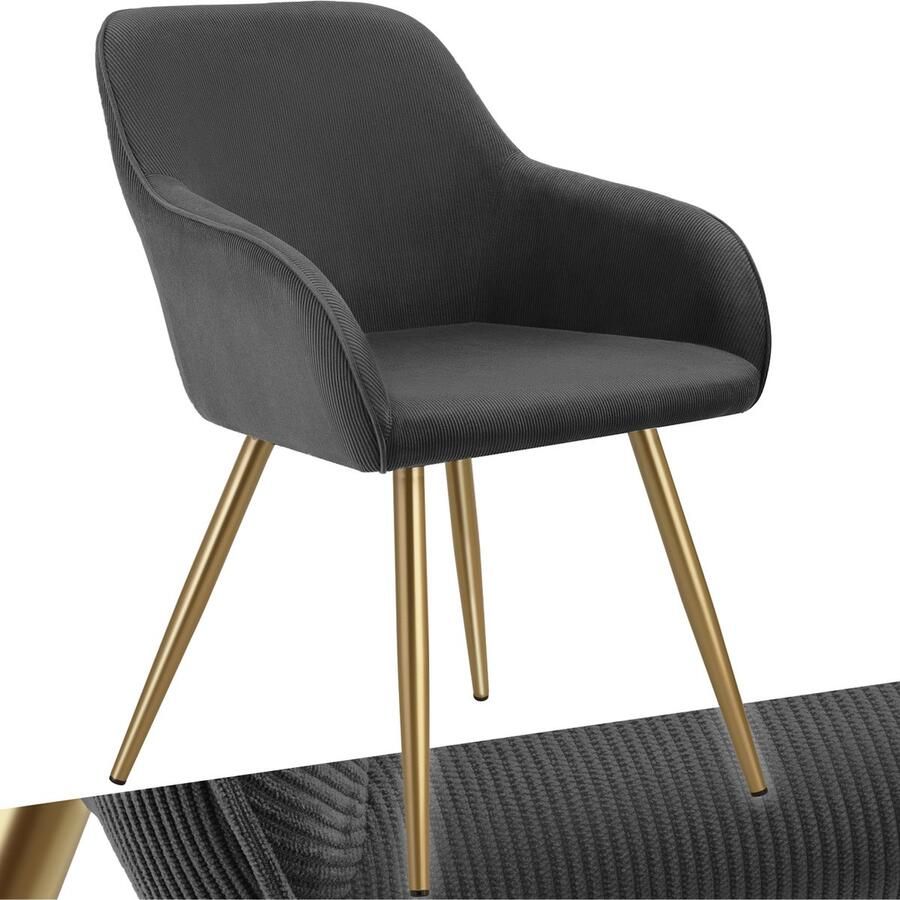 Tectake Eetkamerstoel Marilyn Gestoffeerde Stoel met Koordlook ribstof Gouden Stoelpoten Ergonomische Keukenstoel Stoel voor Eetkamer Woonkamer Slaapkamer Grijs