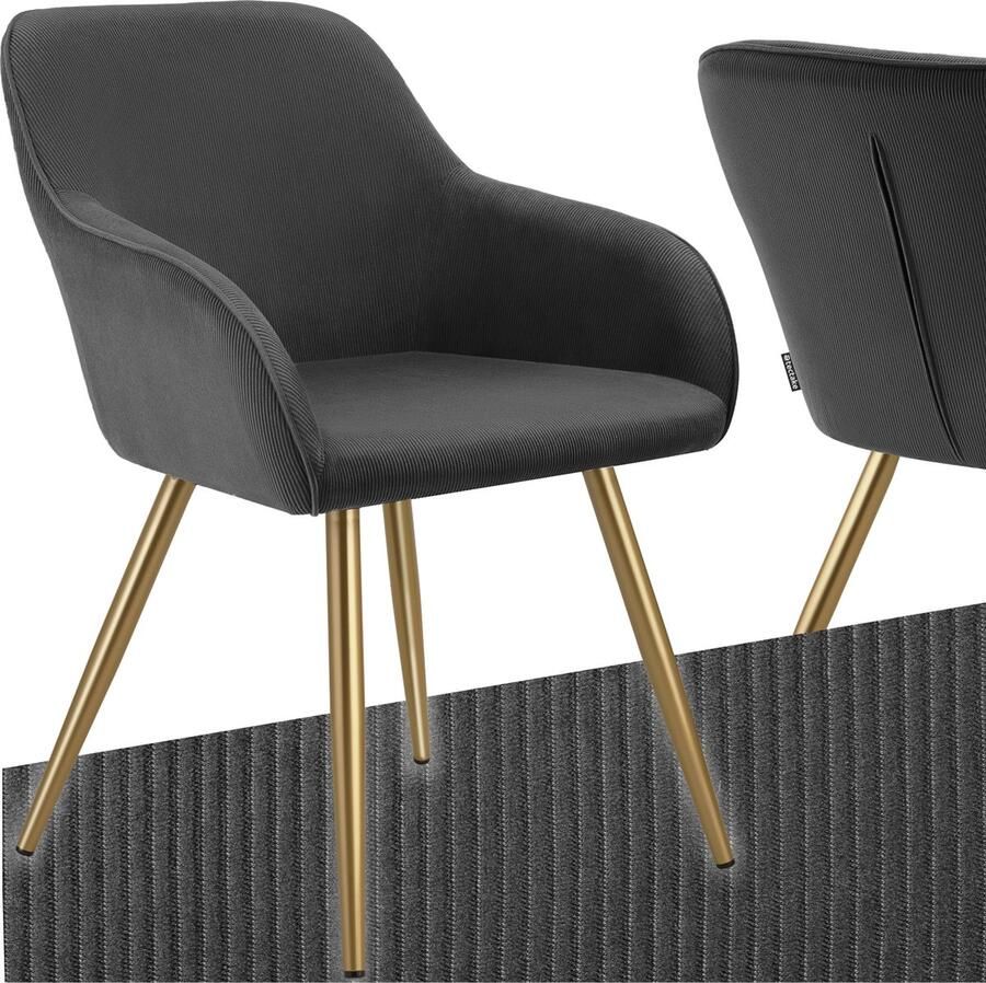 Tectake Eetkamerstoel Marilyn Gestoffeerde Stoel met Koordlook ribstof Gouden Stoelpoten Ergonomische Keukenstoel Stoel voor Eetkamer Woonkamer Slaapkamer Antraciet