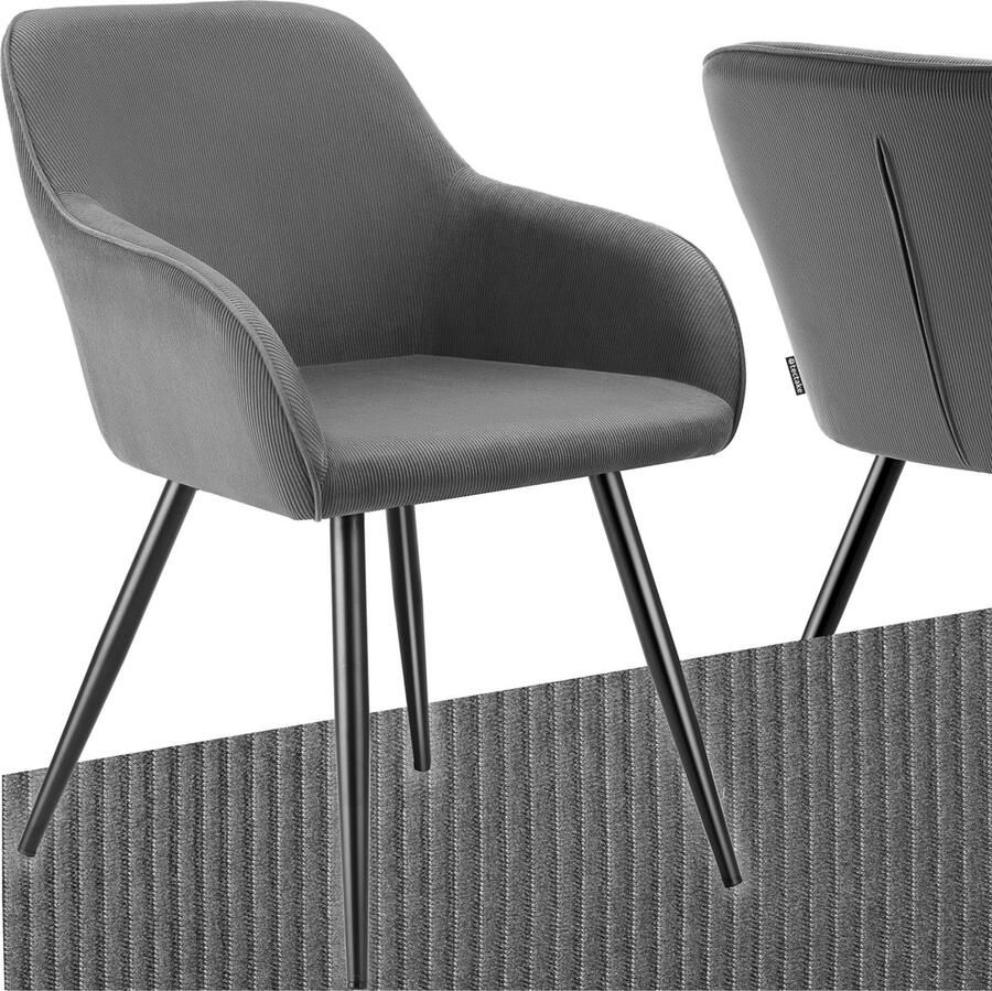 Tectake Eetkamerstoel Marilyn Gestoffeerde Stoel met Koordlook ribstof Zwarte Stoelpoten Ergonomische Keukenstoel Stoel voor Eetkamer Woonkamer Slaapkamer Grijs