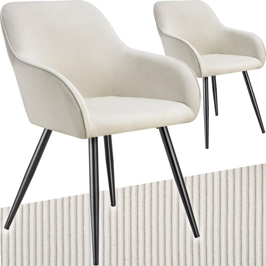 Tectake Eetkamerstoel Marilyn Gestoffeerde Stoel met Koordlook ribstof Zwarte Stoelpoten Ergonomische Keukenstoel Stoel voor Eetkamer Woonkamer Slaapkamer Creme
