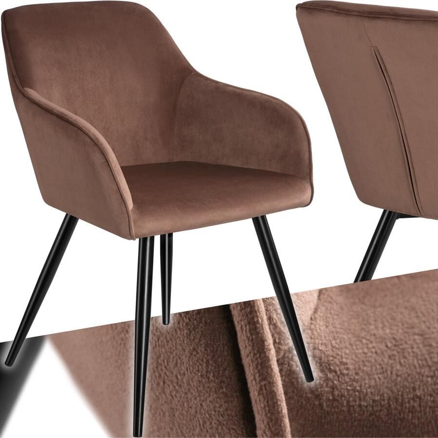 Tectake Eetkamerstoel Marilyn Met Armleuningen Elegante Stoel met Gevoerde Zitting in Fluweellook Gestoffeerd Zwarte Metalen Poten Ergonomische Keukenstoel Stoel voor Woonkamer Eetkamer en Slaapkamer Bruin - Foto 2
