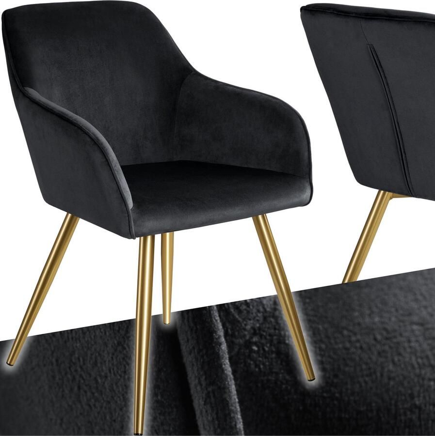 Tectake Eetkamerstoel Marilyn Met Armleuningen Elegante Stoel met Gevoerde Zitting in Fluweellook Gestoffeerd Gouden Metalen Poten Ergonomische Keukenstoel Stoel voor Woonkamer Eetkamer en Slaapkamer Zwart