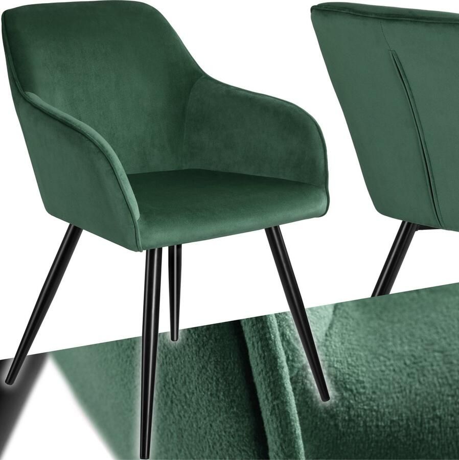 Tectake Eetkamerstoel Marilyn Met Armleuningen Elegante Stoel met Gevoerde Zitting in Fluweellook Gestoffeerd Zwarte Metalen Poten Ergonomische Keukenstoel Stoel voor Woonkamer Eetkamer en Slaapkamer Donkergroen - Foto 2