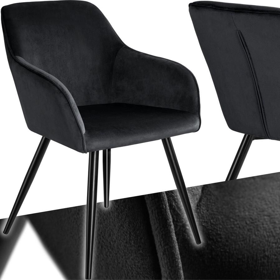 Tectake Eetkamerstoel Marilyn Met Armleuningen Elegante Stoel met Gevoerde Zitting in Fluweellook Gestoffeerd Zwarte Metalen Poten Ergonomische Keukenstoel Stoel voor Woonkamer Eetkamer en Slaapkamer Zwart - Foto 2
