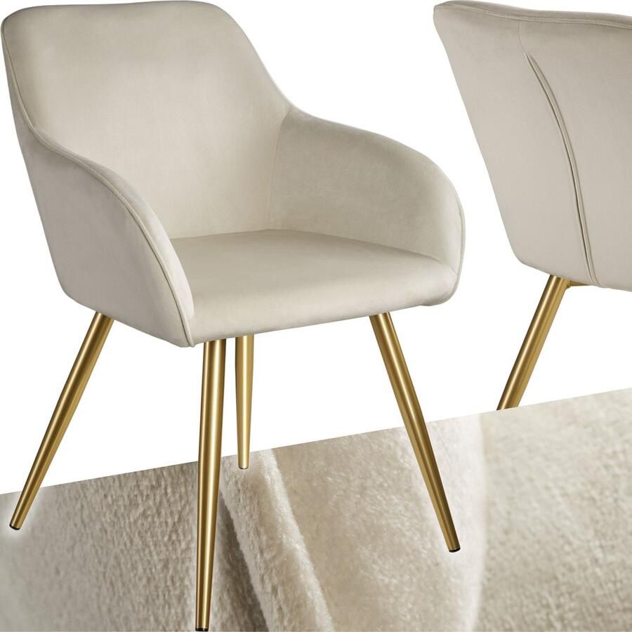 Tectake Eetkamerstoel Marilyn Met Armleuningen Elegante Stoel met Gevoerde Zitting in Fluweellook Gestoffeerd Gouden Metalen Poten Ergonomische Keukenstoel Stoel voor Woonkamer Eetkamer en Slaapkamer Creme