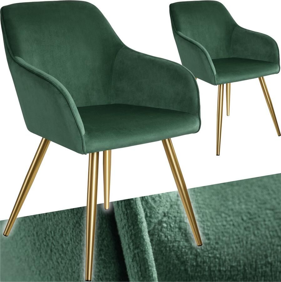 Tectake Eetkamerstoel Marilyn Set van 2 Met Armleuningen Elegante Stoel met Gevoerde Zitting in Fluweellook Gestoffeerd Gouden metalen poten Ergonomische Keukenstoel Stoel voor Woonkamer Eetkamer en Slaapkamer Donkergroen - Foto 2