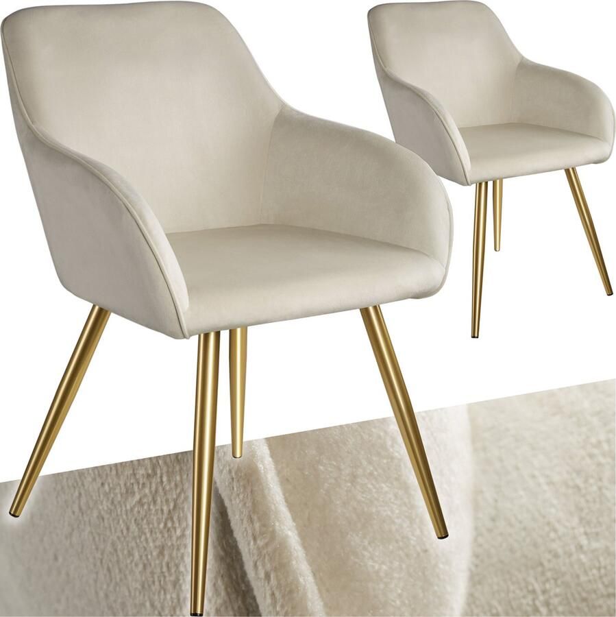 Tectake Eetkamerstoel Marilyn Set van 2 Met Armleuningen Elegante Stoel met Gevoerde Zitting in Fluweellook Gestoffeerd Gouden metalen poten Ergonomische Keukenstoel Stoel voor Woonkamer Eetkamer en Slaapkamer Creme