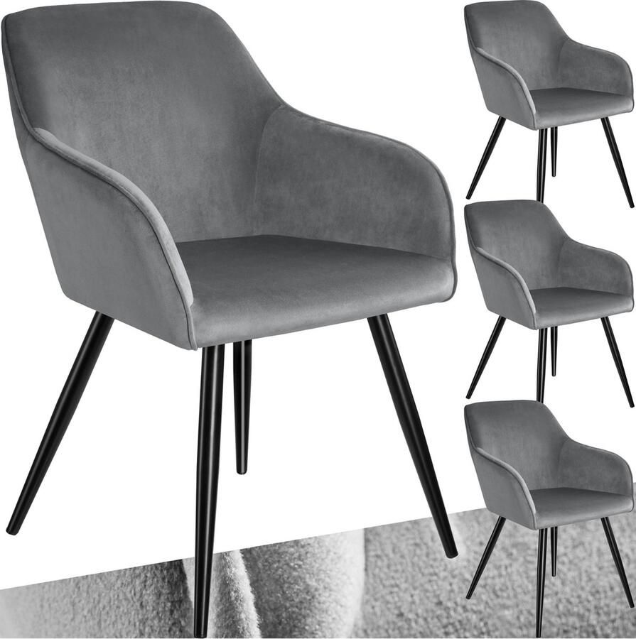 Tectake Eetkamerstoel Marilyn Set van 4 Met Armleuningen Elegante Stoel met Gevoerde Zitting in Fluweellook Gestoffeerd Zwarte metalen poten Ergonomische Keukenstoel Stoel voor Woonkamer Eetkamer en Slaapkamer Grijs