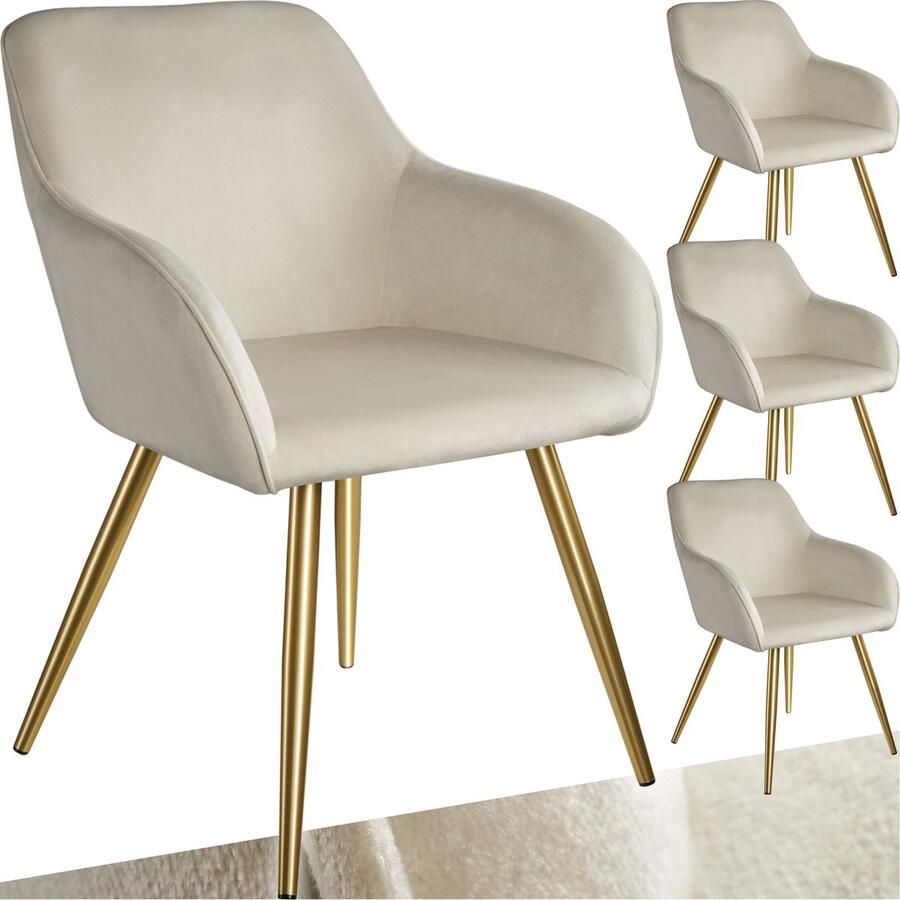 Tectake Eetkamerstoel Marilyn Set van 4 Met Armleuningen Elegante Stoel met Gevoerde Zitting in Fluweellook Gestoffeerd Gouden metalen poten Ergonomische Keukenstoel Stoel voor Woonkamer Eetkamer en Slaapkamer Creme