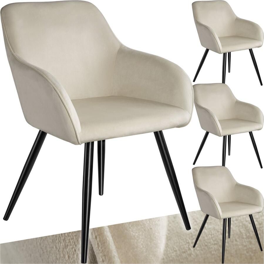 Tectake Eetkamerstoel Marilyn Set van 4 Met Armleuningen Elegante Stoel met Gevoerde Zitting in Fluweellook Gestoffeerd Zwarte metalen poten Ergonomische Keukenstoel Stoel voor Woonkamer Eetkamer en Slaapkamer Creme