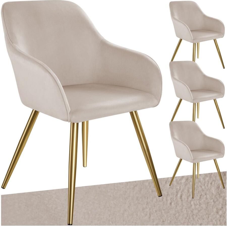 Tectake Eetkamerstoel Marilyn Set van 4 Met Armleuningen Elegante Stoel met Gevoerde Zitting in Fluweellook Gestoffeerd Gouden metalen poten Ergonomische Keukenstoel Stoel voor Woonkamer Eetkamer en Slaapkamer Taupe
