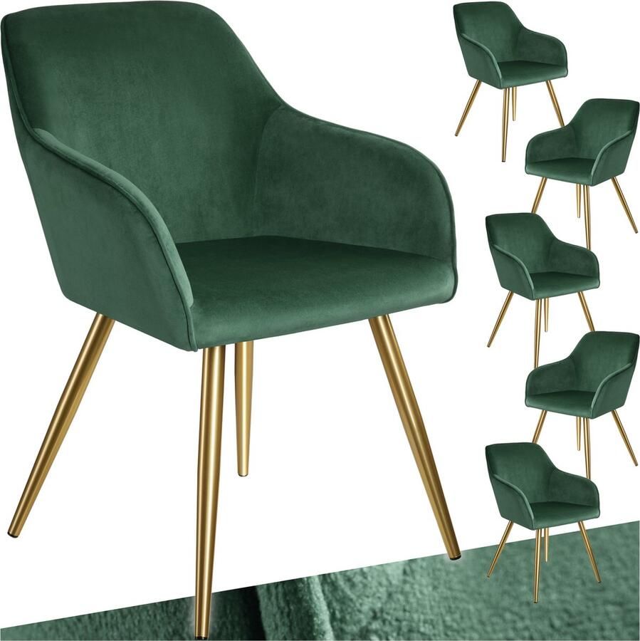 Tectake Eetkamerstoel Marilyn Set van 6 Met Armleuningen Elegante Stoel met Gevoerde Zitting in Fluweellook Gestoffeerd Gouden metalen poten Ergonomische Keukenstoel Stoel voor Woonkamer Eetkamer en Slaapkamer Donkergroen