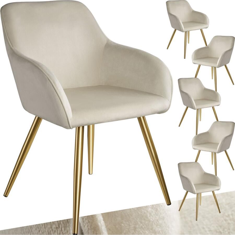 Tectake Eetkamerstoel Marilyn Set van 6 Met Armleuningen Elegante Stoel met Gevoerde Zitting in Fluweellook Gestoffeerd Gouden metalen poten Ergonomische Keukenstoel Stoel voor Woonkamer Eetkamer en Slaapkamer Creme