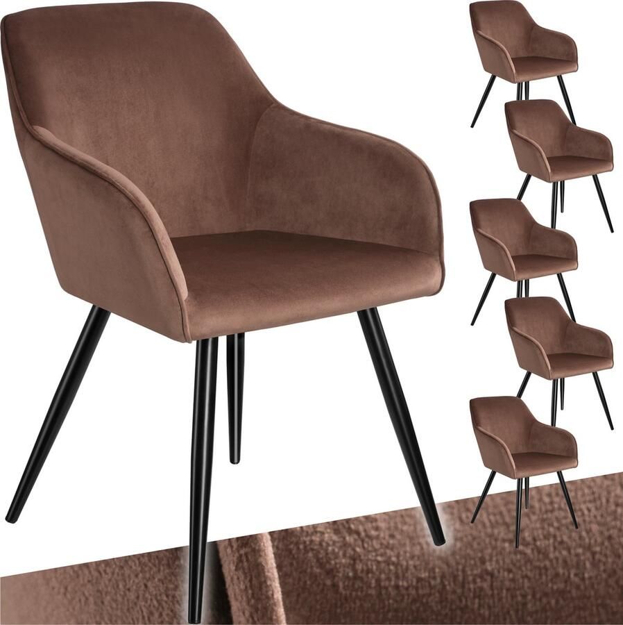 Tectake Eetkamerstoel Marilyn Set van 6 Met Armleuningen Elegante Stoel met Gevoerde Zitting in Fluweellook Gestoffeerd Zwarte metalen poten Ergonomische Keukenstoel Stoel voor Woonkamer Eetkamer en Slaapkamer Bruin - Foto 2
