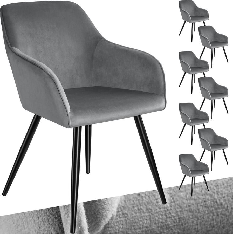Tectake Eetkamerstoel Marilyn Set van 8 Met Armleuningen Elegante Stoel met Gevoerde Zitting in Fluweellook Gestoffeerd Zwarte metalen poten Ergonomische Keukenstoel Stoel voor Woonkamer Eetkamer en Slaapkamer Grijs