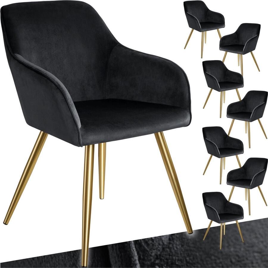 Tectake Eetkamerstoel Marilyn Set van 8 Met Armleuningen Elegante Stoel met Gevoerde Zitting in Fluweellook Gestoffeerd Gouden metalen poten Ergonomische Keukenstoel Stoel voor Woonkamer Eetkamer en Slaapkamer Zwart