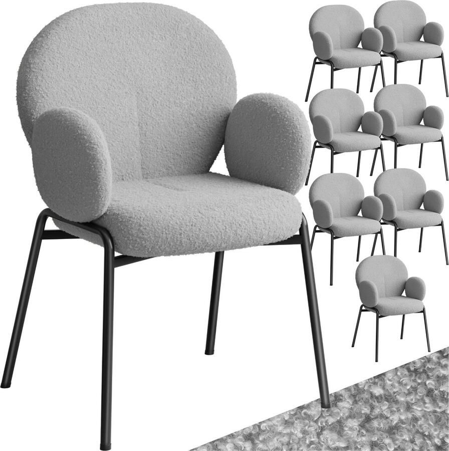 Tectake Set van 8 eetkamerstoelen met armleuningen Modern keukenmeubilair met bouclé teddystof bekleding eetkamerstoelen- woonkamerfauteuils- eetkamerstoel- keukenstoelen voor eettafel (grijs)