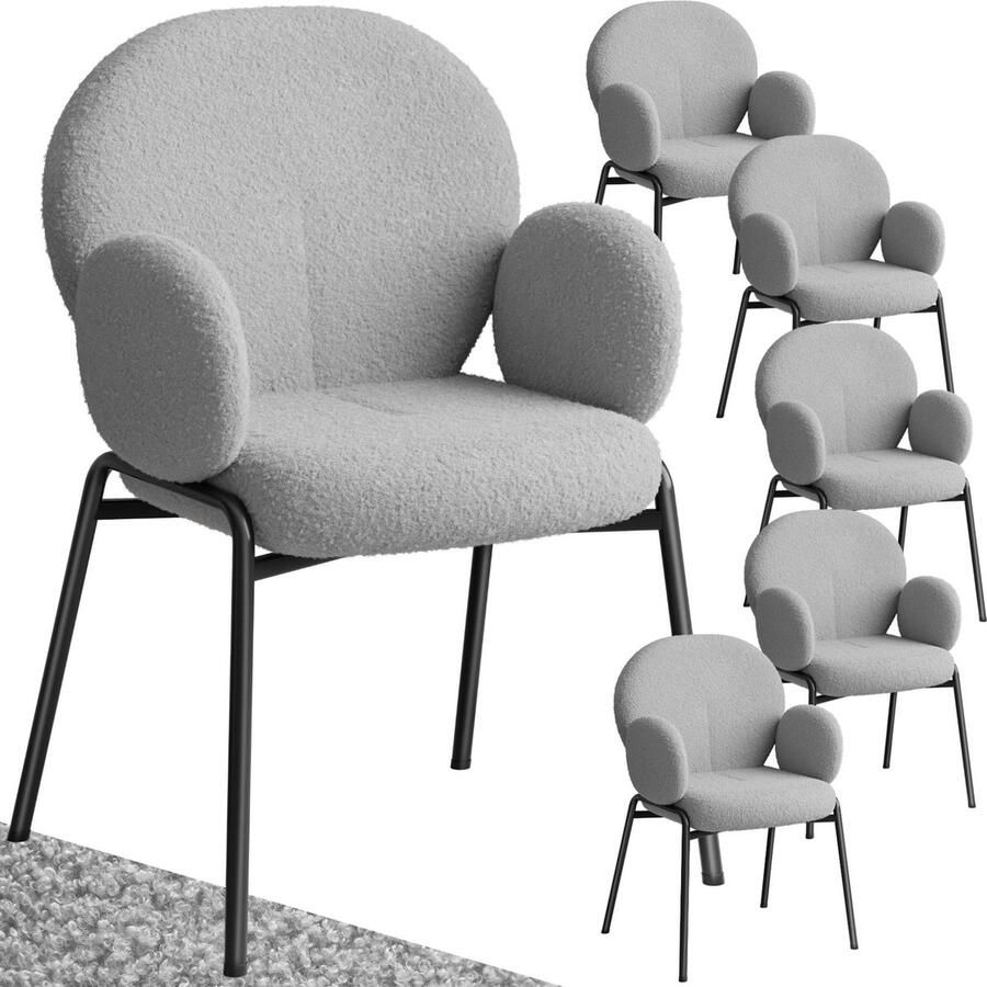 Tectake set van 6 eetkamerstoelen met armleuningen- modern keukenmeubilair met bouclé teddystof bekleding- eetkamerstoelen- woonkamerfauteuils- eetkamerstoel- keukenstoelen voor eettafel (grijs)