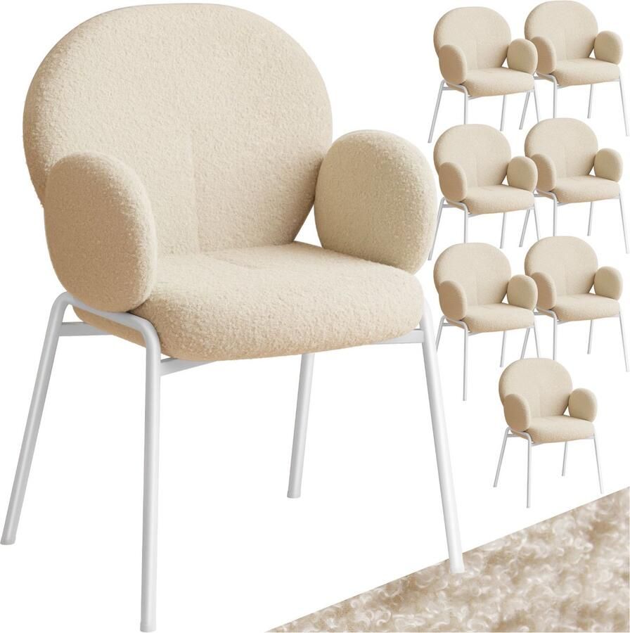 Tectake set van 8 eetkamerstoelen met armleuningen- modern keukenmeubilair met bouclé teddystof bekleding- eetkamerstoelen- woonkamerfauteuils- eetkamerstoel- keukenstoelen voor eettafel (crème)