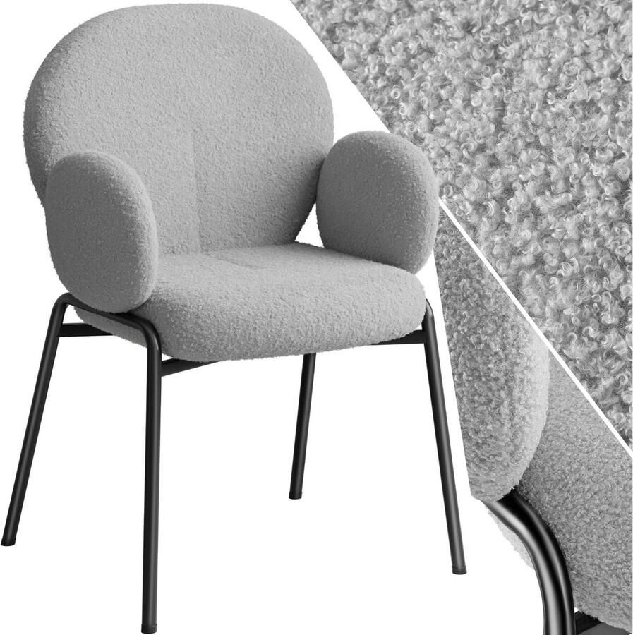 Tectake eetkamerstoel met armleuning woonkamerfauteuil eetkamerstoel Scandinavische loungestoel comfortabele gestoffeerde stoel bekleding van bouclé teddystof grijs