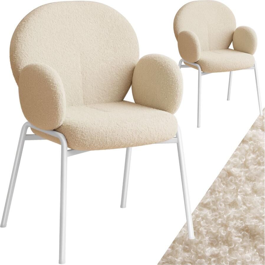 Tectake set van 2 eetkamerstoelen met armleuningen- modern keukenmeubilair met bouclé teddystof bekleding- eetkamerstoelen- woonkamerfauteuils- eetkamerstoel- keukenstoelen voor eettafel (crème)