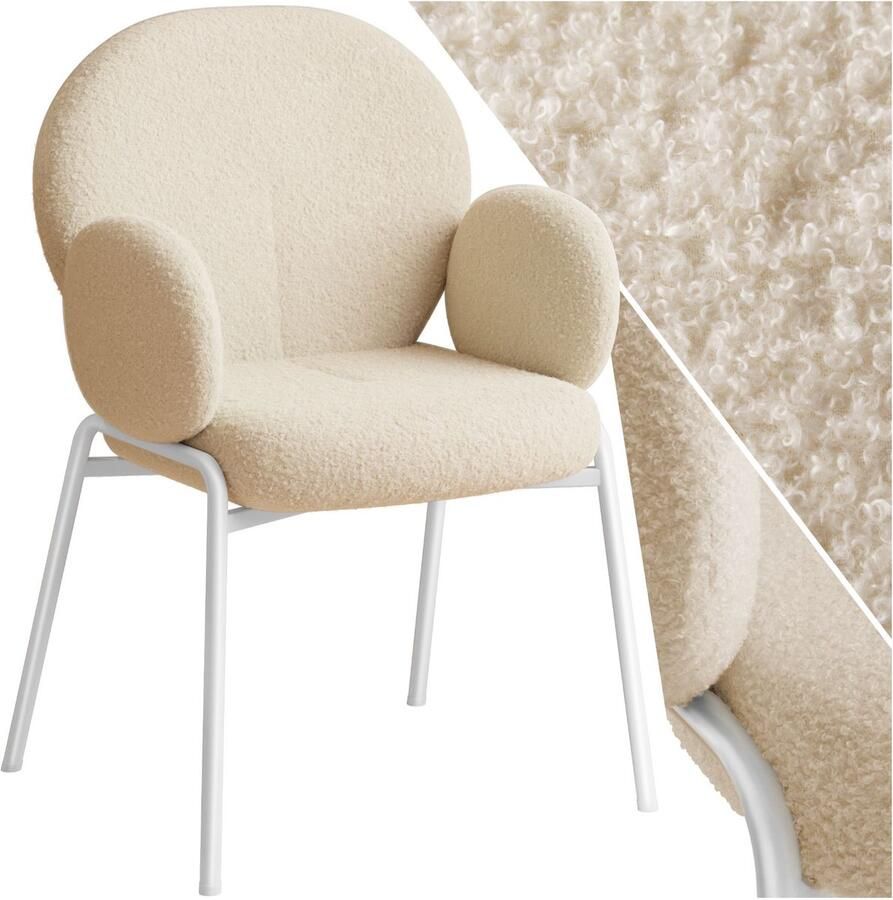 Tectake eetkamerstoel met armleuning woonkamerfauteuil eetkamerstoel Scandinavische loungestoel comfortabele gestoffeerde stoel bekleding van bouclé teddystof crème