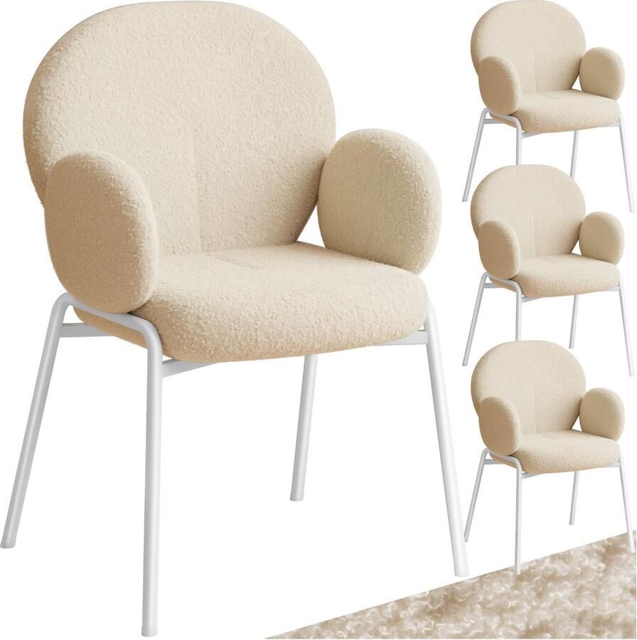 Tectake set van 4 eetkamerstoelen met armleuningen- modern keukenmeubilair met bouclé teddystof bekleding- eetkamerstoelen- woonkamerfauteuils- eetkamerstoel- keukenstoelen voor eettafel (crème)