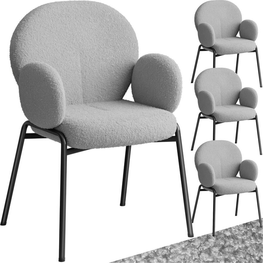 Tectake set van 4 eetkamerstoelen met armleuningen- modern keukenmeubilair met bouclé teddystof bekleding- eetkamerstoelen- woonkamerfauteuils- eetkamerstoel- keukenstoelen voor eettafel (grijs)