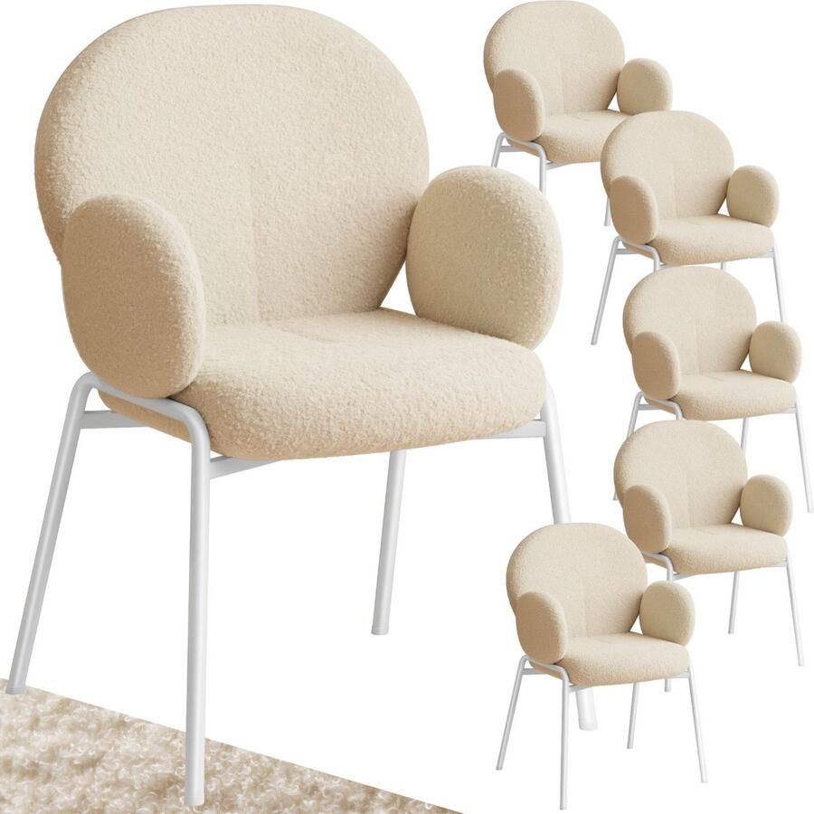 Tectake set van 6 eetkamerstoelen met armleuningen- modern keukenmeubilair met bouclé teddystof bekleding- eetkamerstoelen- woonkamerfauteuils- eetkamerstoel- keukenstoelen voor eettafel (crème)