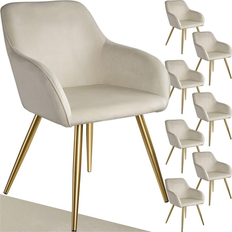 Tectake Eetkamerstoel Marilyn Set van 8 Met Armleuningen Elegante Stoel met Gevoerde Zitting in Fluweellook Gestoffeerd Gouden metalen poten Ergonomische Keukenstoel Stoel voor Woonkamer Eetkamer en Slaapkamer Creme