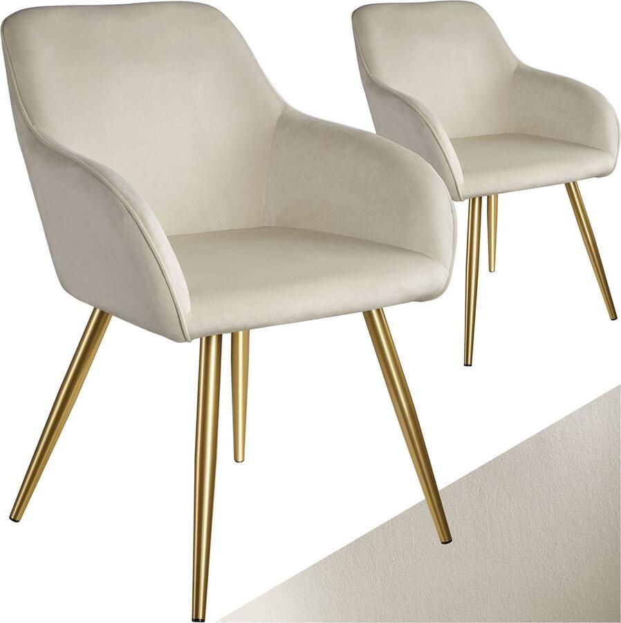 Tectake Eetkamerstoel Marilyn Set van 2 Met Armleuningen Elegante Stoel met Gevoerde Zitting in Fluweellook Gestoffeerd Gouden metalen poten Ergonomische Keukenstoel Stoel voor Woonkamer Eetkamer en Slaapkamer Creme - Foto 2