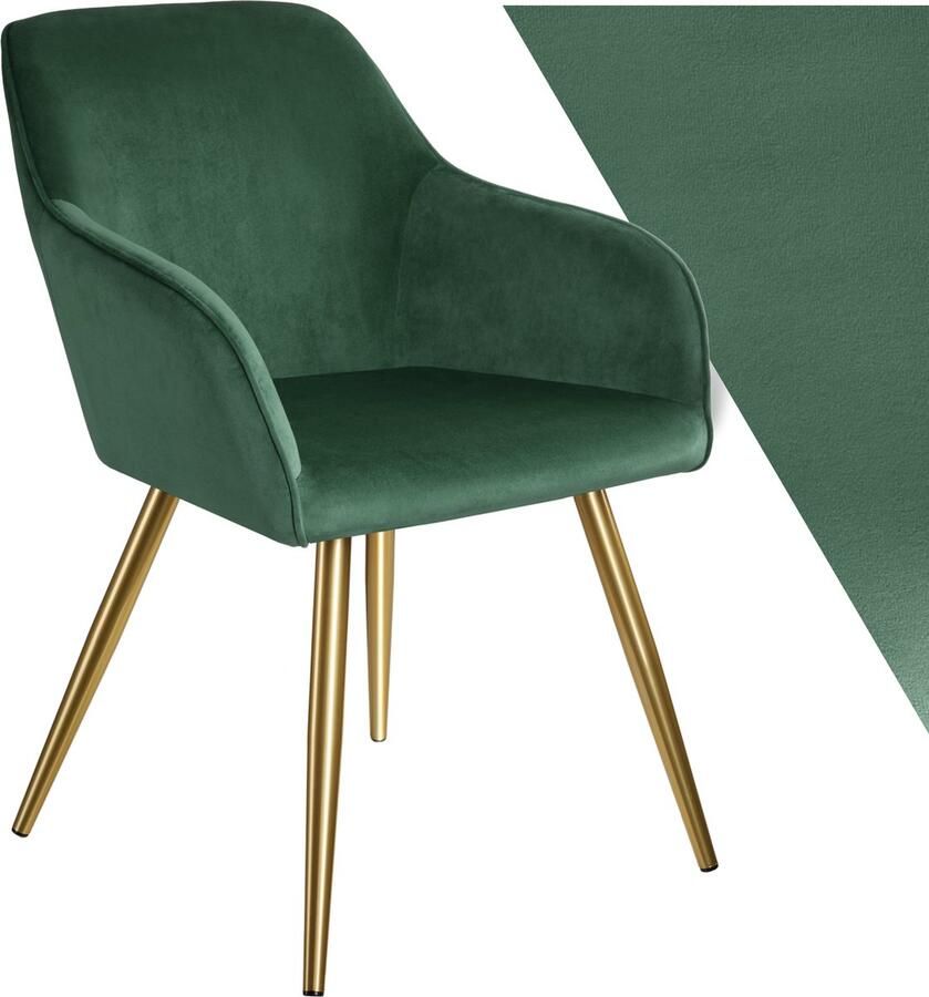 Tectake Eetkamerstoel Marilyn Met Armleuningen Elegante Stoel met Gevoerde Zitting in Fluweellook Gestoffeerd Gouden Metalen Poten Ergonomische Keukenstoel Stoel voor Woonkamer Eetkamer en Slaapkamer Donkergroen - Foto 3