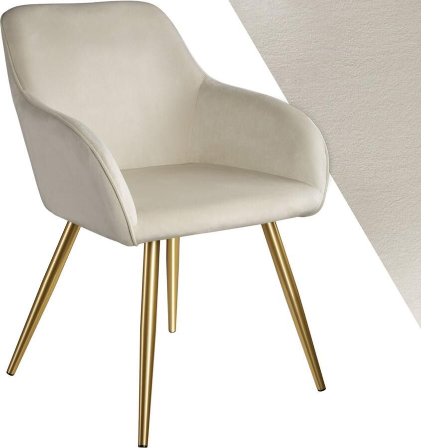 Tectake Eetkamerstoel Marilyn Met Armleuningen Elegante Stoel met Gevoerde Zitting in Fluweellook Gestoffeerd Gouden Metalen Poten Ergonomische Keukenstoel Stoel voor Woonkamer Eetkamer en Slaapkamer Creme - Foto 2