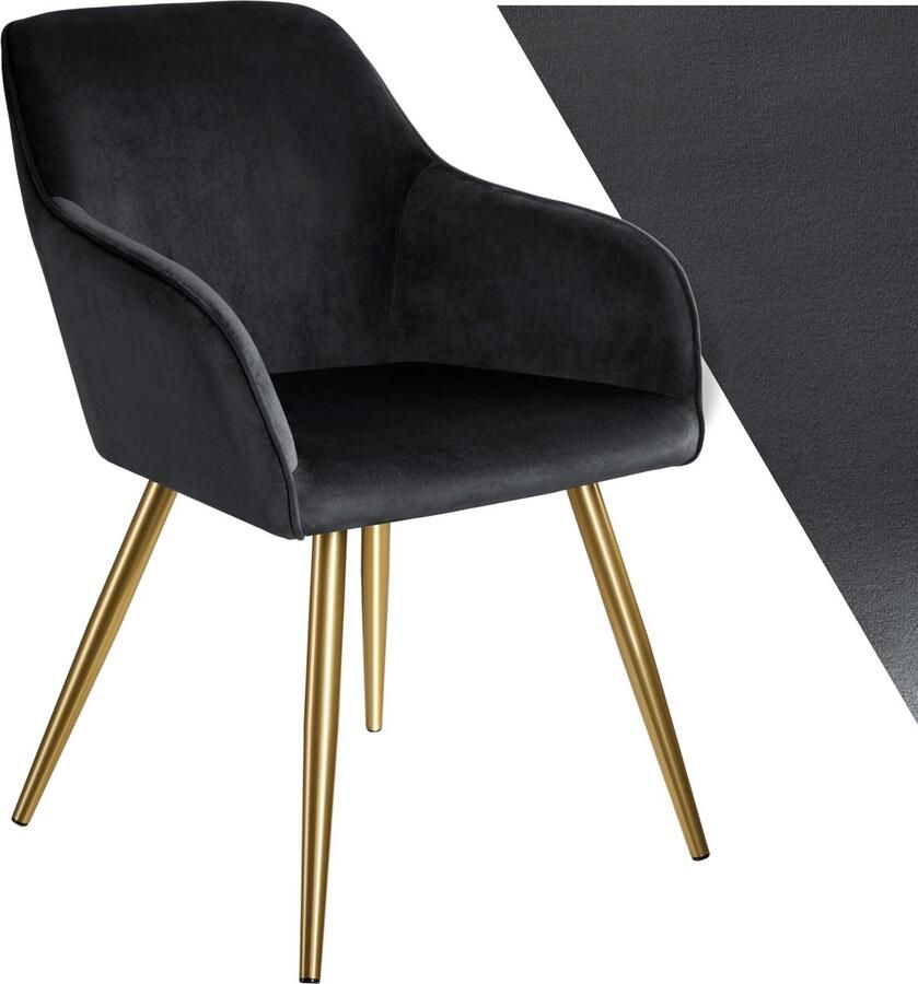Tectake Eetkamerstoel Marilyn Met Armleuningen Elegante Stoel met Gevoerde Zitting in Fluweellook Gestoffeerd Gouden Metalen Poten Ergonomische Keukenstoel Stoel voor Woonkamer Eetkamer en Slaapkamer Zwart - Foto 2