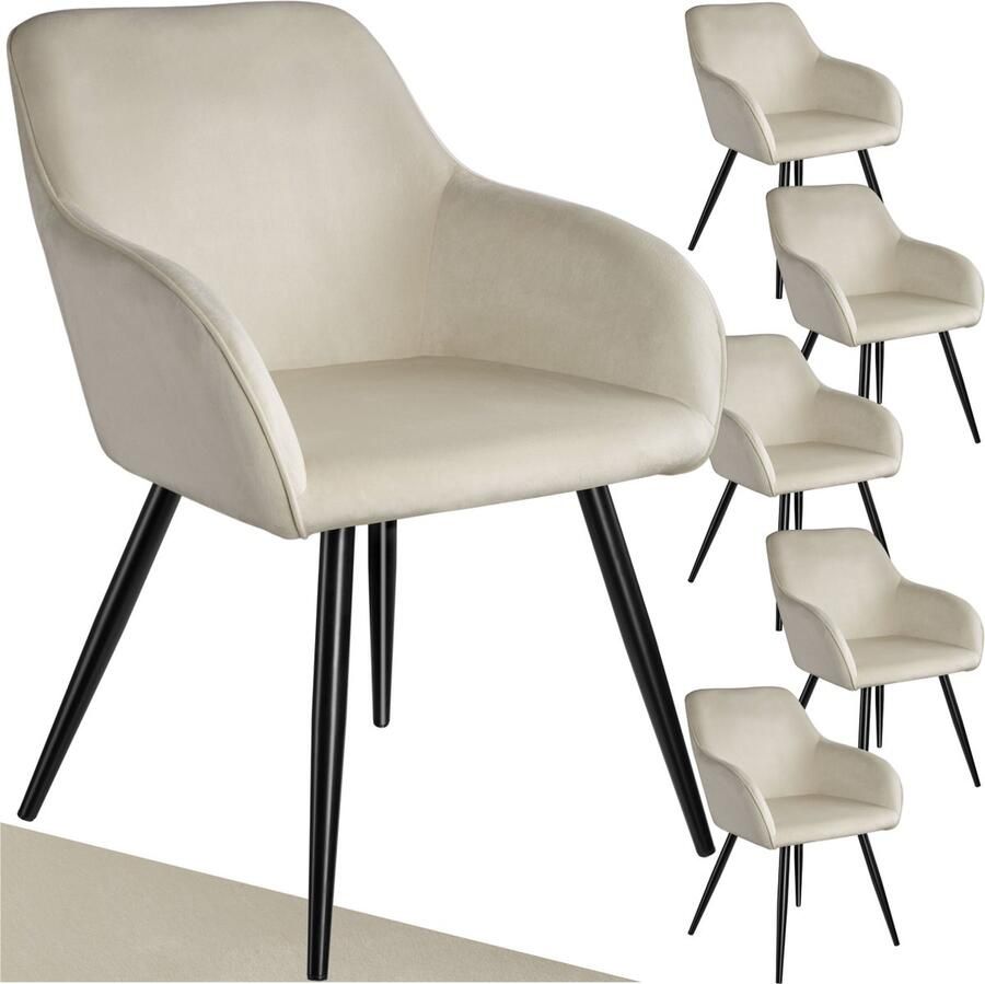 Tectake Eetkamerstoel Marilyn Set van 6 Met Armleuningen Elegante Stoel met Gevoerde Zitting in Fluweellook Gestoffeerd Zwarte metalen poten Ergonomische Keukenstoel Stoel voor Woonkamer Eetkamer en Slaapkamer Creme