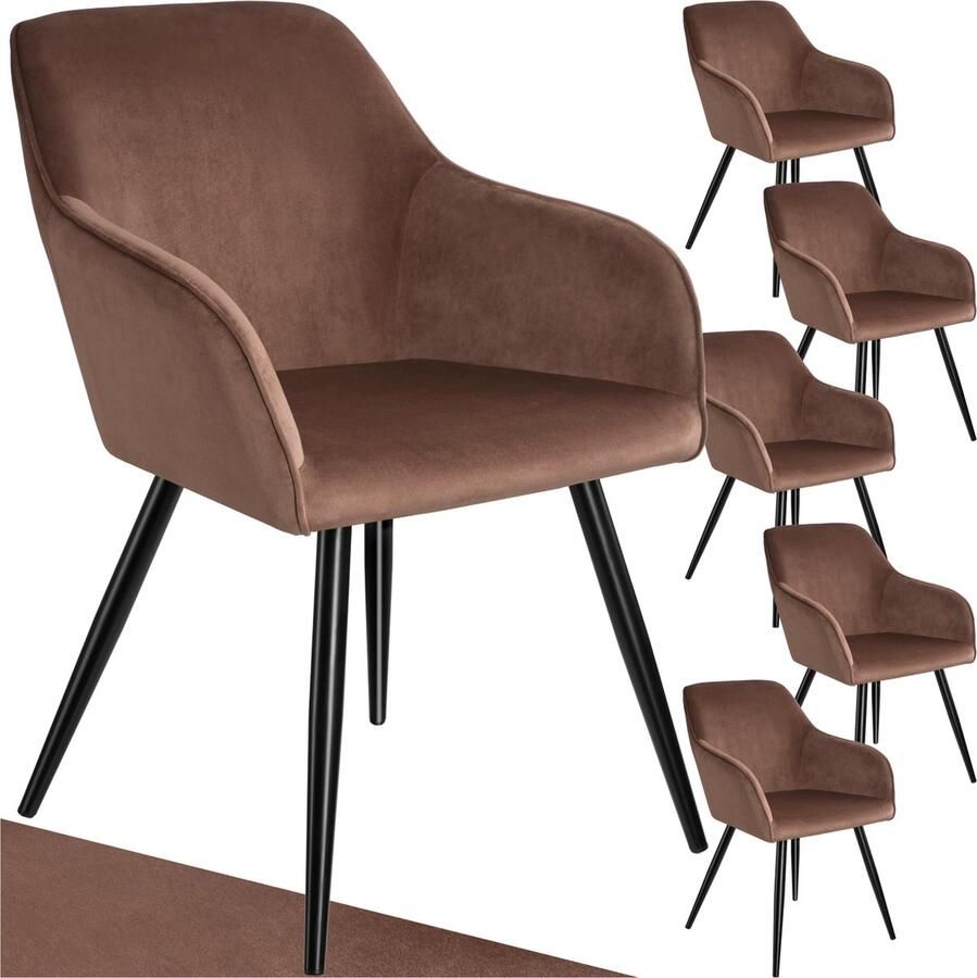 Tectake Eetkamerstoel Marilyn Set van 6 Met Armleuningen Elegante Stoel met Gevoerde Zitting in Fluweellook Gestoffeerd Zwarte metalen poten Ergonomische Keukenstoel Stoel voor Woonkamer Eetkamer en Slaapkamer Bruin