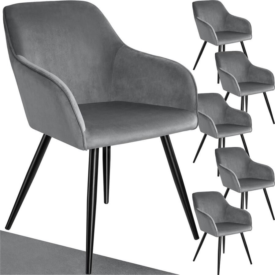 Tectake Eetkamerstoel Marilyn Set van 6 Met Armleuningen Elegante Stoel met Gevoerde Zitting in Fluweellook Gestoffeerd Zwarte metalen poten Ergonomische Keukenstoel Stoel voor Woonkamer Eetkamer en Slaapkamer Grijs