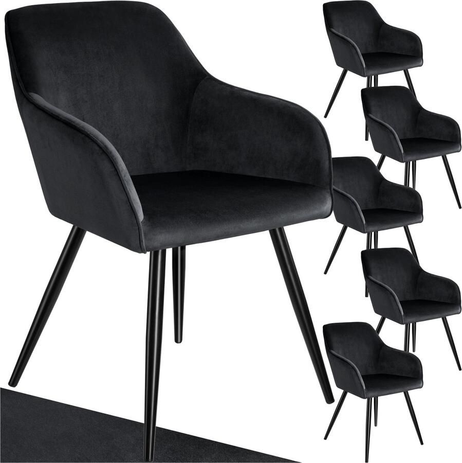 Tectake Eetkamerstoel Marilyn Set van 6 Met Armleuningen Elegante Stoel met Gevoerde Zitting in Fluweellook Gestoffeerd Zwarte metalen poten Ergonomische Keukenstoel Stoel voor Woonkamer Eetkamer en Slaapkamer Zwart