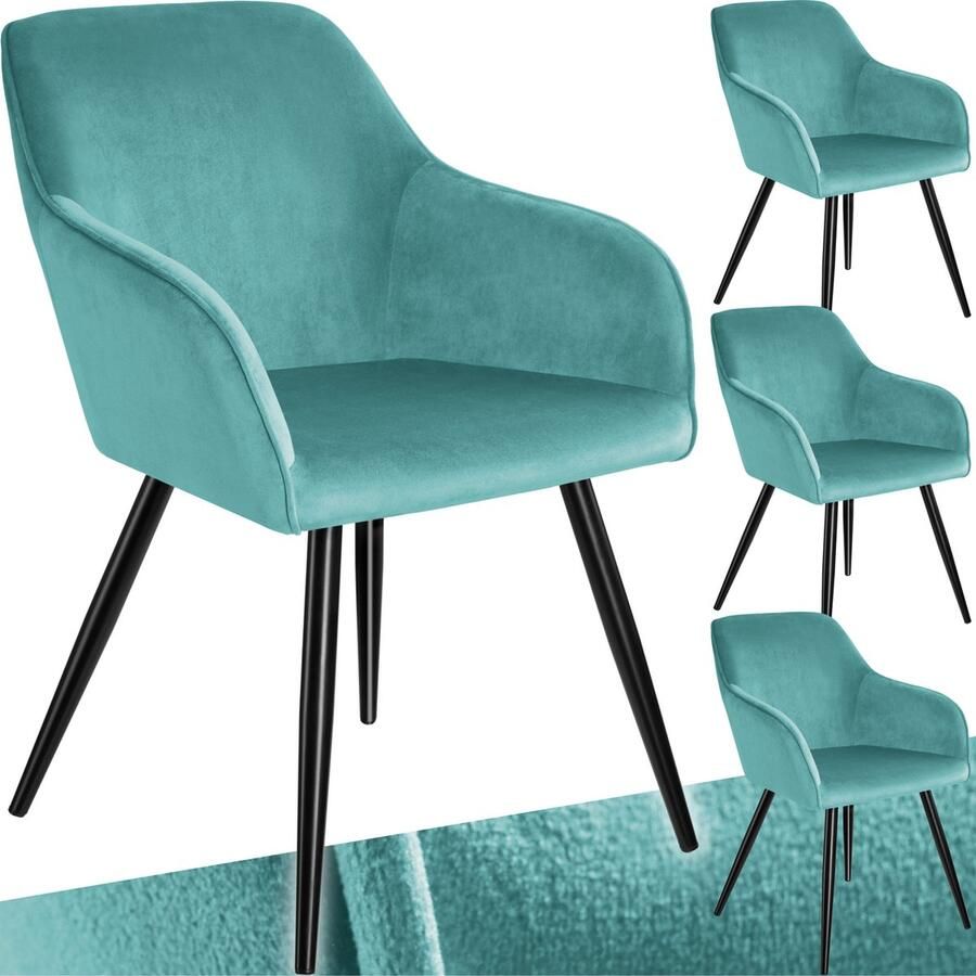 Tectake Set van 4 Eetkamerstoelen met Armleuningen Gevoerde Fluwelen Zitting Zwart Metalen Poten Voor Woonkamer Eetkamer Keuken en Kantoor Turkoois Zwart - Foto 2