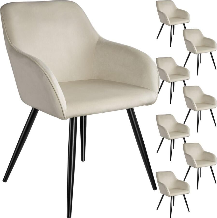 Tectake Eetkamerstoel Marilyn Set van 8 Met Armleuningen Elegante Stoel met Gevoerde Zitting in Fluweellook Gestoffeerd Zwarte metalen poten Ergonomische Keukenstoel Stoel voor Woonkamer Eetkamer en Slaapkamer Creme