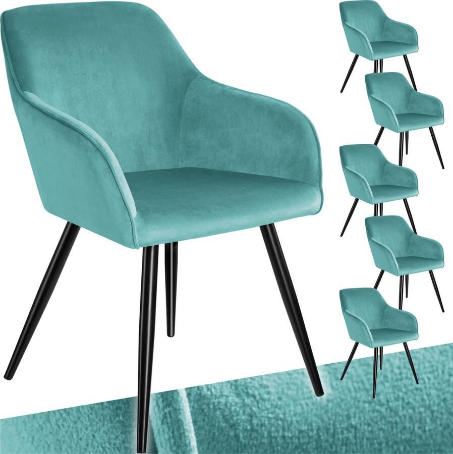 Tectake Set van 6 Eetkamerstoelen met Armleuningen Gevoerde Fluwelen Zitting Zwart Metalen Poten Voor Woonkamer Eetkamer Keuken en Kantoor Turkoois Zwart - Foto 2