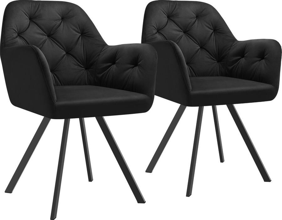 Tectake Eetkamerstoel Set van 2 Draaibare Fluwelen Fauteuil Woonkamerstoel Gewatteerde Fauteuil Comfortabele Stoel met Armleuningen Zachte Zitting Voor Woonkamer Eetkamer Kantoor Zwart - Foto 2