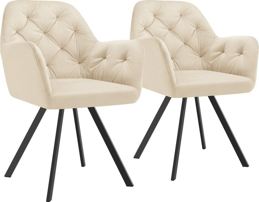 Tectake Draaistoel in fluweellook Eetkamerstoel met armleuningen Ergonomische zitting en rugleuning 180 graden draaibaar Moderne stoel met stalen poten kleuren Set van 2 Crème - Foto 2