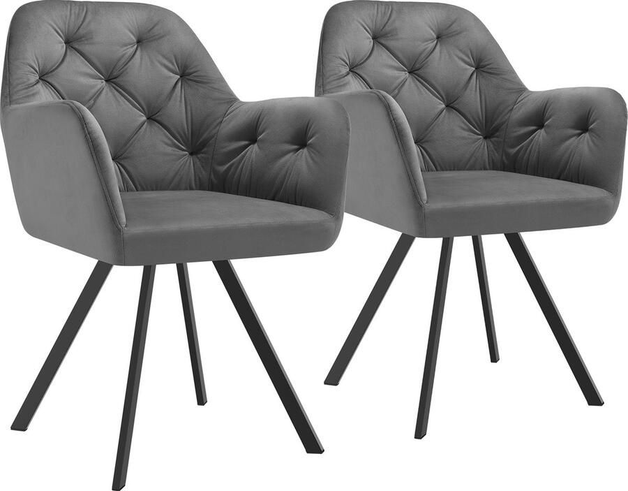 Tectake Draaistoel in fluweellook Eetkamerstoel met armleuningen Ergonomische zitting en rugleuning 180 graden draaibaar Moderne stoel met stalen poten kleuren Set van 2 Antraciet - Foto 2
