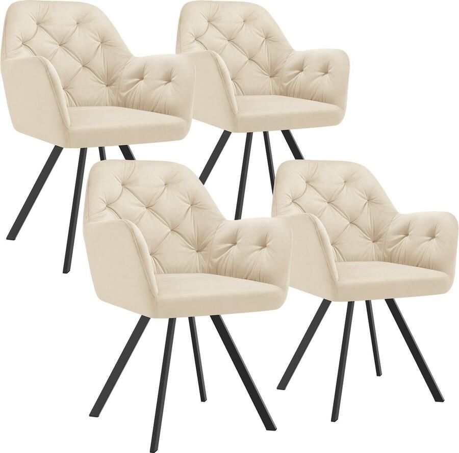 Tectake Draaistoel in fluweellook Eetkamerstoel met armleuningen Ergonomische zitting en rugleuning 180 graden draaibaar Moderne stoel met stalen poten kleuren Set van 4 Crème - Foto 2