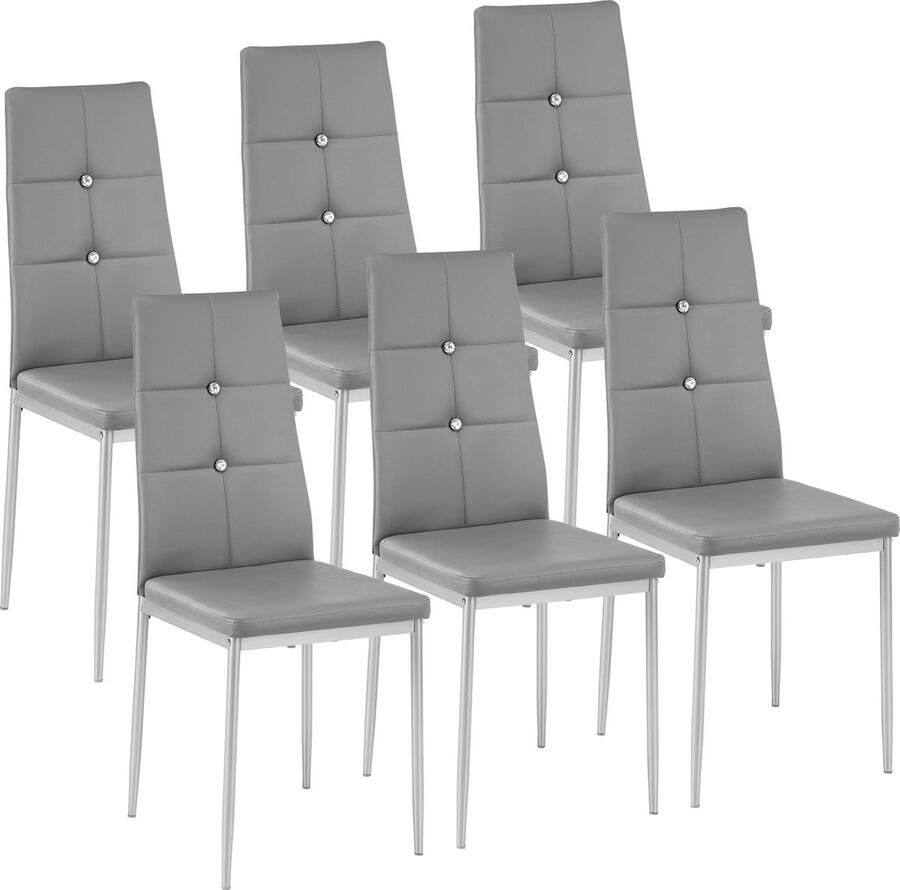 Tectake Moderne Stoelen Set van 6 Stoelen met Kunstleren Bekleding en Strass-Steentjes Geschikt als Keukenstoel Eetkamerstoel of Gestoffeerde Stoel voor Woonkamer Eettafel Bar Grijs - Foto 2