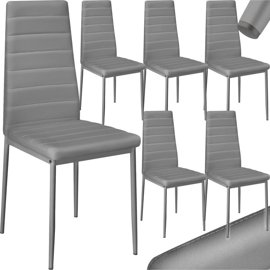 Tectake Eetkamerstoelen Kunstleren stoelen met hoge rugleuning Set van 6 Belastbaar tot 150kg Afmetingen 41x 45x98 5 cm Moderne stoelen zonder armleuning metalen frame Grijs