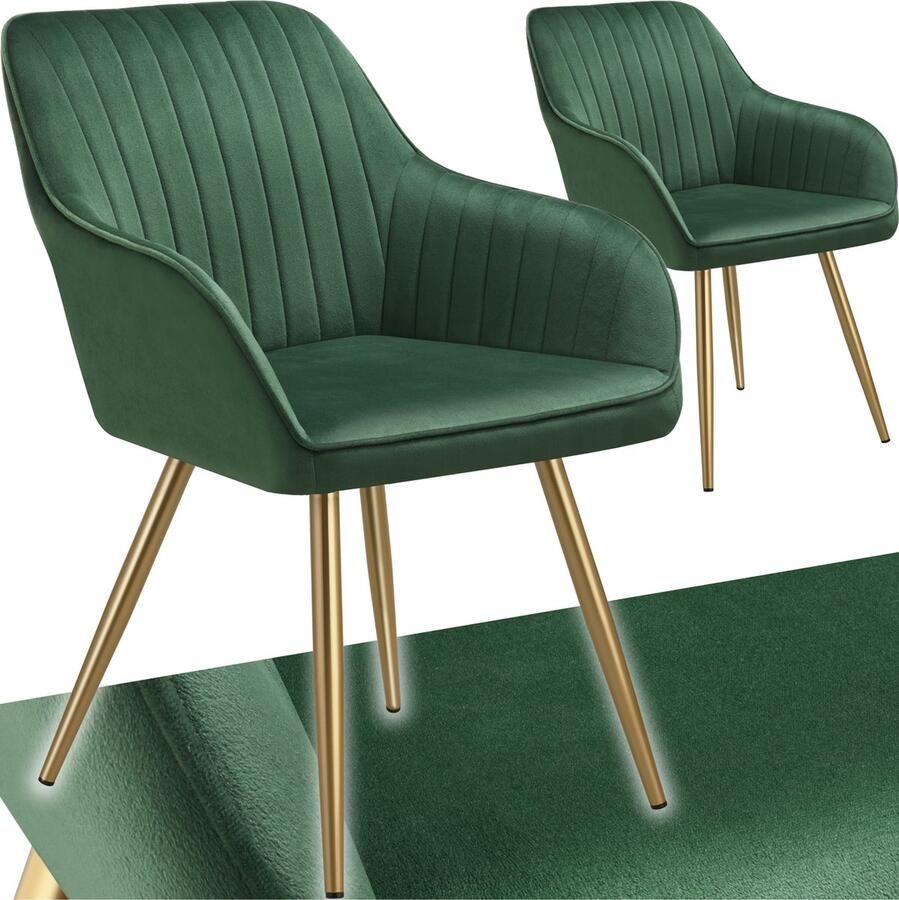 Tectake Eetkamerstoelen Marilyn Set van 2 Gestoffeerde Stoel in Fluweellook Doorgestikt Zwarte Stoelpoten Ergonomische Keukenstoel Doorlopende Rugleuning en Armleuningen Stoel voor Woonkamer Eetkamer Slaapkamer Groen